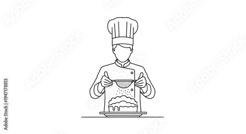 Chef holding tray with cake in flat line art style isolated on white background