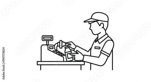 Man working at cash register desk in flat design style isolated on white background