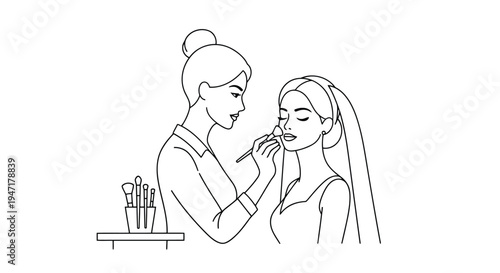 Woman applying makeup to another woman's face in a beauty salon with a table of brushes isolated on white background