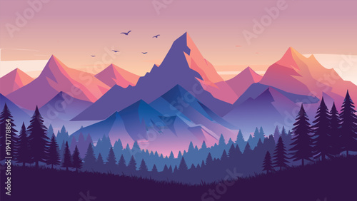A serene digital illustration of majestic purple mountains at sunset with a pine tree forest view