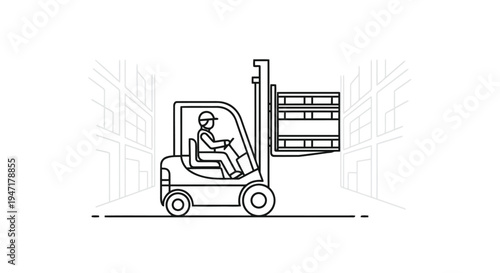 Man driving forklift with pallet in warehouse aisle flat design isolated on white background