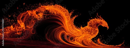Fiery Phoenix Silhouette Formed by Swirling Flames and Sparks in Dramatic Inferno Background
