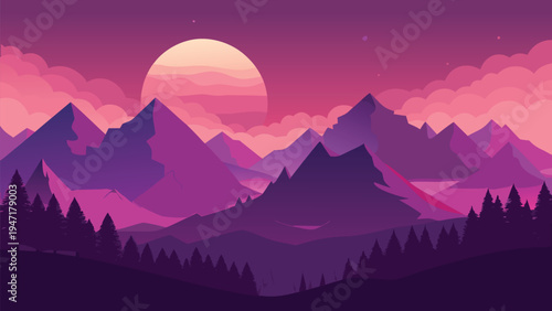 A serene digital illustration of majestic purple mountains under a glowing sunset sky in evening