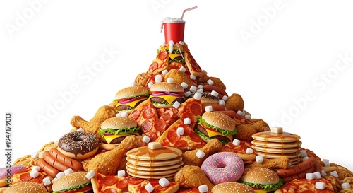 A towering mountain of various fast food items and desserts