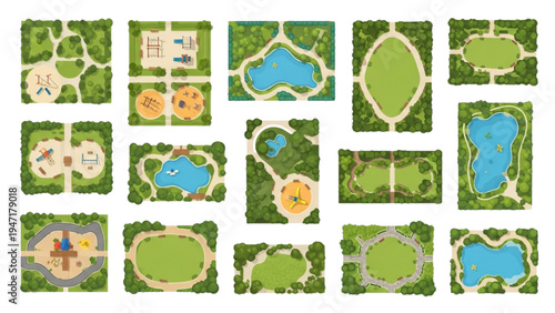 Collection of diverse park and garden layouts seen from above, featuring green spaces, lakes, and playgrounds