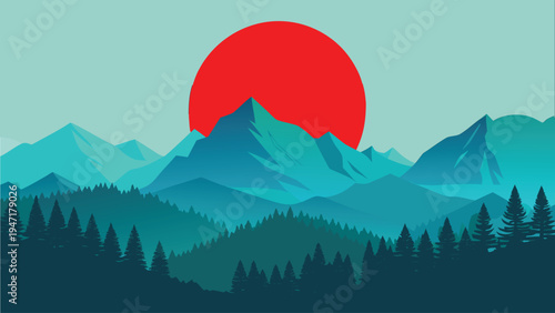 A minimalist digital illustration featuring a large red sun rising behind layered blue mountains