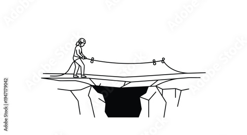 Woman pulling rope on cliff edge one line drawing vector isolated on white background