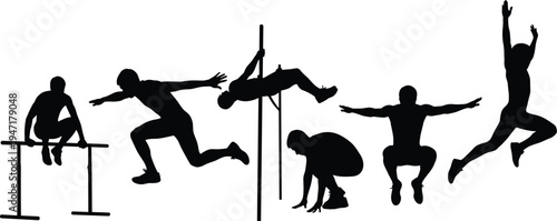 Collection of athlete silhouettes performing track and field activities including hurdles running pole vault and jumping isolated vector illustration
