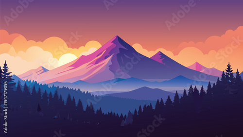 A serene digital illustration of majestic purple mountains at sunset with a lush pine tree forest
