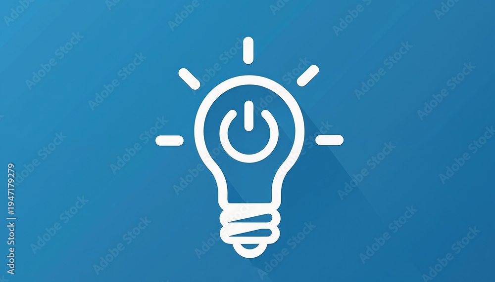 Fototapeta premium Minimalist white lightbulb icon with power symbol inside on blue background. Symbolizes new idea, innovation, startup concept, solution, or energy.