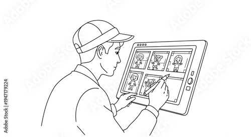 Man in cap creating comic on digital tablet with stylus vector flat illustration isolated on white background