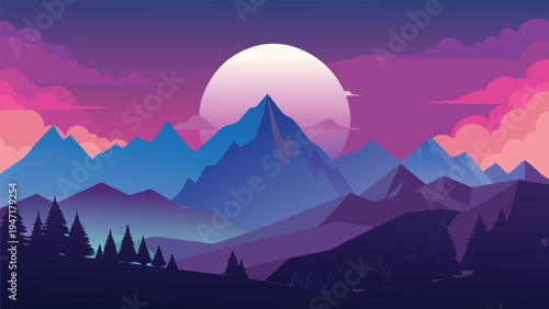 A serene flat vector illustration of majestic purple mountain peaks under a glowing full moon sky