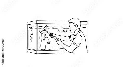 Man cleaning fish tank with magnetic algae scraper, aquarium maintenance isolated on white background