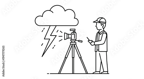 Man operating camera on tripod during stormy weather with lightning, flat line art style isolated on white background
