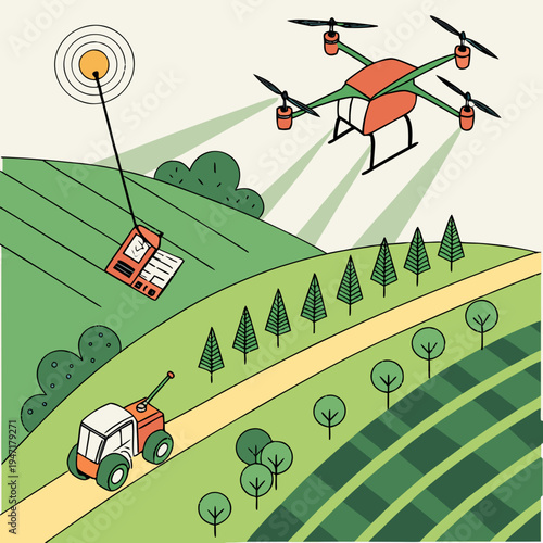 A vector graphic illustration of a drone flying over a farm with a tractor and a house