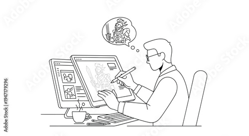 Man sitting at desk working on computer with dual monitors and stylus thinking of cartoon character flat illustration isolated on white background