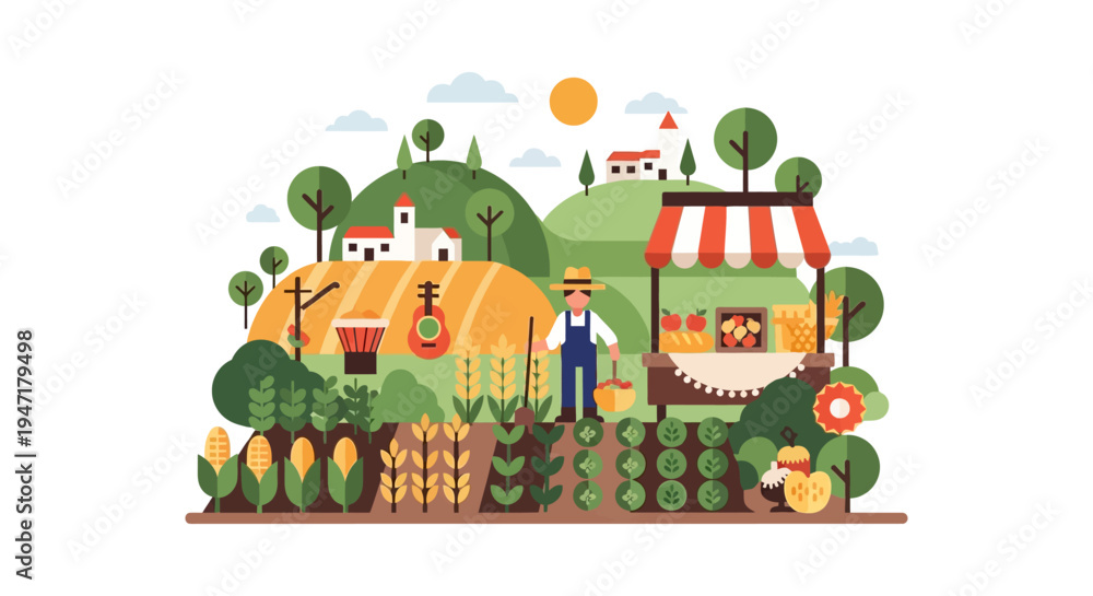 Obraz premium Flat Vector Illustration of Farmer, Crops, and Local Produce Farm Stand in Rural Landscape. Organic Agriculture and Harvest Scene.
