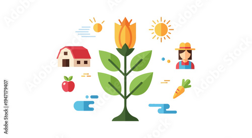 Farming and Agriculture Icon Set: Plant Growth Cycle, Sustainable Food, Farmer, Barn, and Harvest in Flat Minimalist Design.