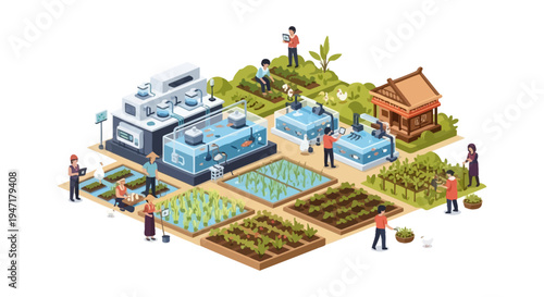 Isometric Smart Integrated Farming System Illustration. Modern Aquaponics, Agri-Tech, and Sustainable Food Production Concept.