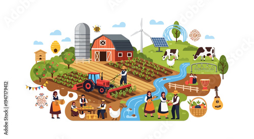 Sustainable Farming Illustration: Holistic Farm Ecosystem with Farmers, Tractor, Barn, Livestock, Crops, Solar Power, and Wind Energy.