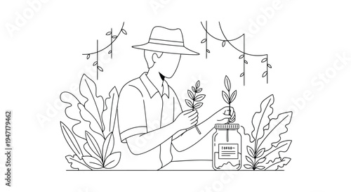 Man in hat examines plant next to bottle in garden with string lights flat illustration isolated on white background
