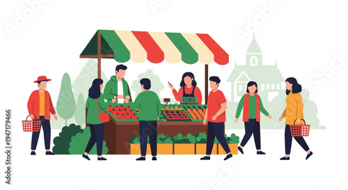 Local Farmers Market Vector Illustration. Shoppers Buying Fresh Fruits and Vegetables at an Outdoor Street Produce Stand.