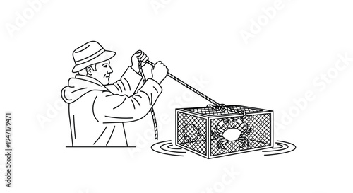 Man pulling crab trap out of water with rope in a line drawing vector style isolated on white background