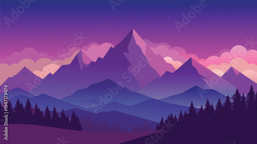 A serene mountain landscape featuring layered peaks against a vibrant purple and pink sunset sky