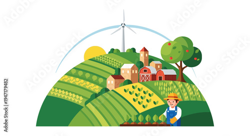 Flat Design Vector of Sustainable Farm Village Landscape. Farmer Planting Seedlings on Green Terraced Hills with Barns, Houses, and Wind Turbine.