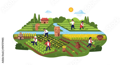 Sustainable Agriculture Illustration: Farmers Working, Planting, and Harvesting Crops on Terraced Rice Paddies and Vegetable Fields in a Rural Landscape.