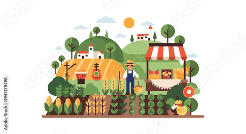 Flat Vector Illustration of Farmer, Crops, and Local Produce Farm Stand in Rural Landscape. Organic Agriculture and Harvest Scene.