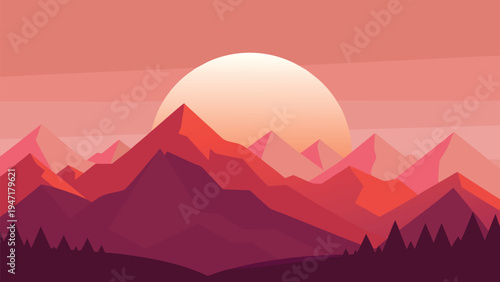 A minimalist flat vector illustration featuring majestic mountain peaks during a soft sunset glow