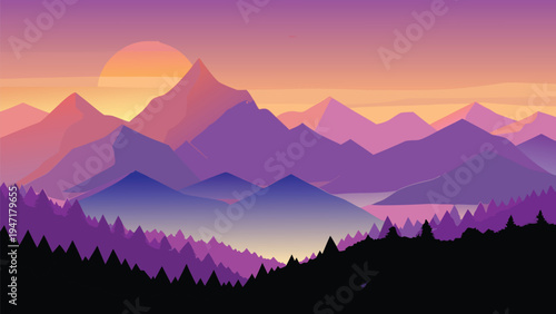 A serene flat vector illustration of majestic purple mountain ranges during a vibrant golden sunset