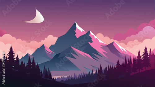A serene digital landscape featuring sharp mountain peaks under a soft crescent moon at twilight