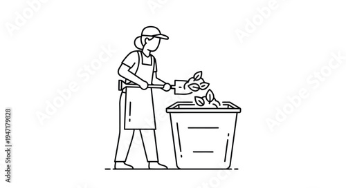 Man throwing leaves into trash can, flat line illustration isolated on white background