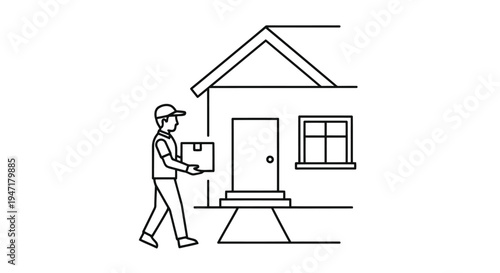 Delivery man carrying box to house with gable roof and window isolated on white background