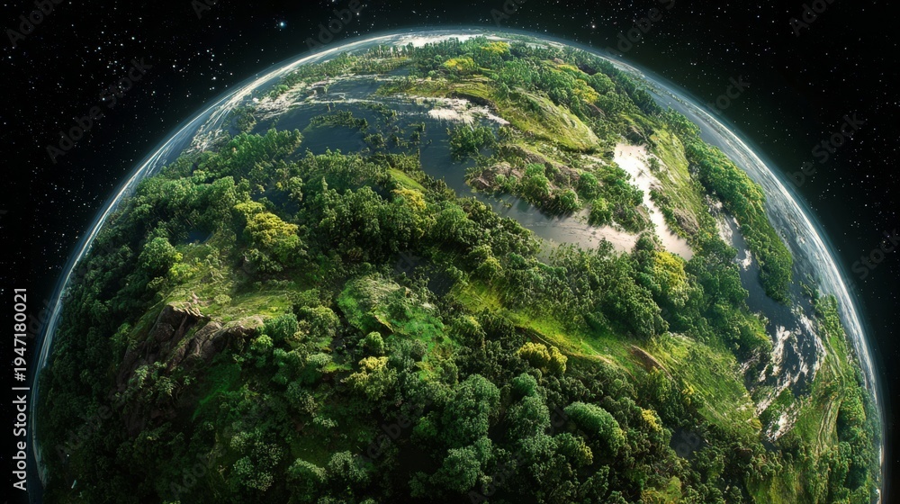 Obraz premium Aerial View of Earth Surrounded by Vibrant Forests and Vast Blue Oceans Floating in the Expansive Universe