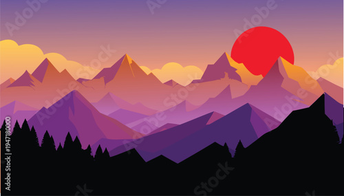 A vibrant digital illustration of a mountain range at sunset with a large red sun in the sky