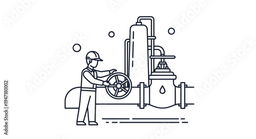 Industrial worker operating large valve on oil refinery equipment in a flat line art style isolated on white background