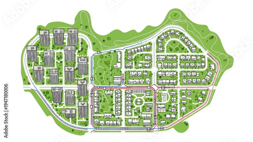 Urban planning map of a residential complex with roads, buildings, and green spaces