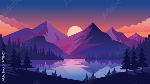 A serene flat vector illustration of majestic purple mountains rising above a calm reflective lake