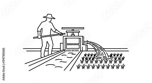 Man operating water pump irrigation system in field with crops isolated on white background