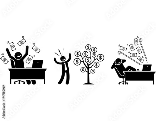 Stick figures illustrating financial success, earning money, wealth growth, and passive income generation through online work and investments.