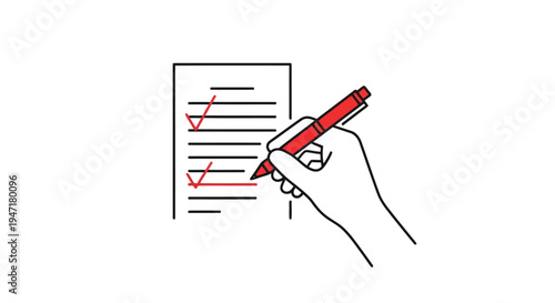 Hand holding red pen checking boxes on a form with checklist, flat illustration isolated on white background