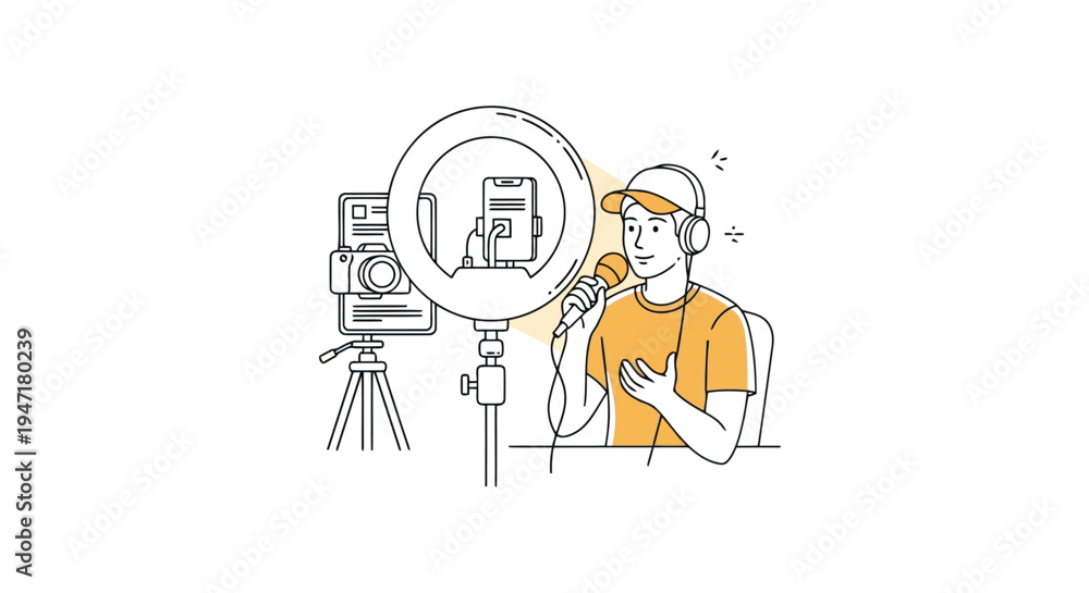 Fototapeta premium Man recording video with ring light and microphone in flat design isolated on white background