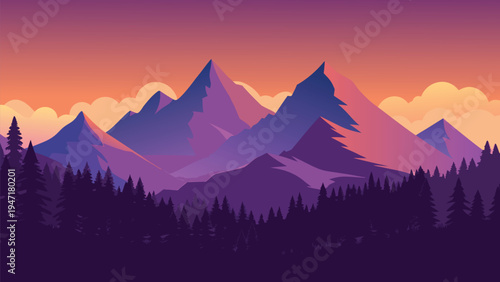 A serene flat design illustration featuring majestic purple mountains against a sunset sky background