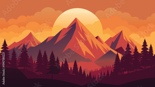 A serene flat vector illustration of majestic mountain peaks under a glowing golden sunset sky