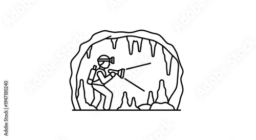 Man exploring cave with flashlight in hand line art vector isolated on white background