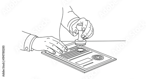 Hand stamping document with ink pad on flat design isolated on white background