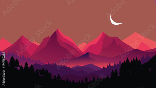 A minimalist flat vector illustration of a mountain range under a glowing crescent moon at night